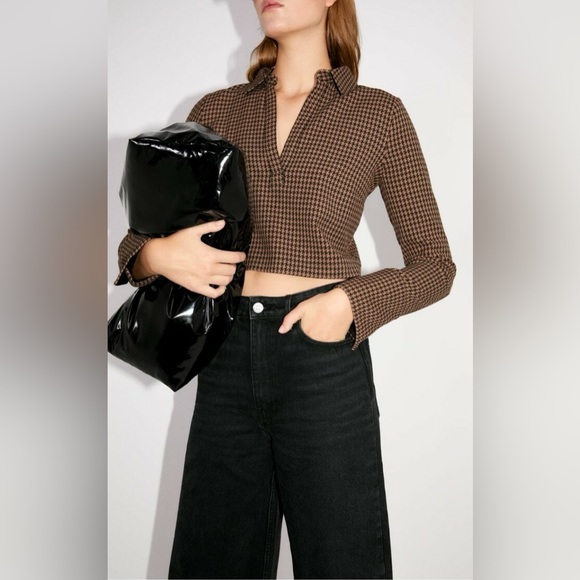 Zara Tops - ZARA Houndstooth Crop Top Long Sleeve Collared Brown Size Medium